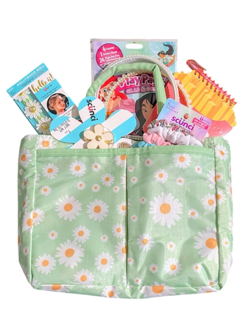 Kids Green Floral Lunch Gift Bag with Fun Girls Accessories